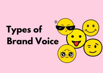 Types of Brand Voice written on a light pink background with multiple emojis.