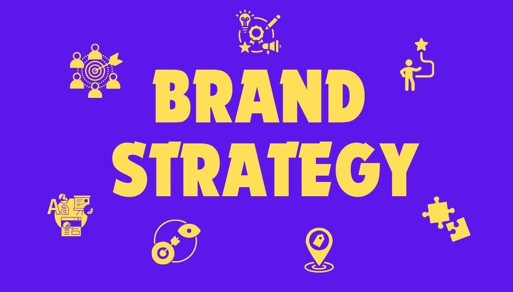 The brand strategy is written in bold yellow font, and its elements are in the graphic around it on a bold purple background.