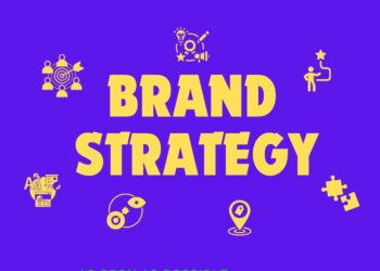 The brand strategy is written in bold yellow font, and its elements are in the graphic around it on a bold purple background.