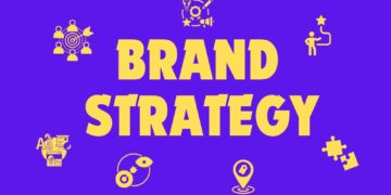 The brand strategy is written in bold yellow font, and its elements are in the graphic around it on a bold purple background.