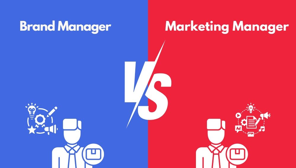 Brand Manager Vs Marketing Manager written on blue and pink backaground with both managers icons