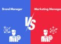 Brand Manager Vs Marketing Manager written on blue and pink backaground with both managers icons