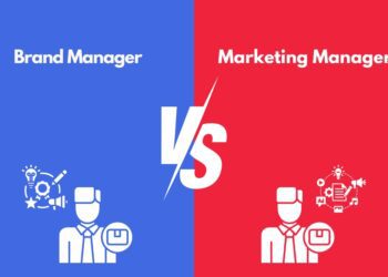 Brand Manager Vs Marketing Manager written on blue and pink backaground with both managers icons