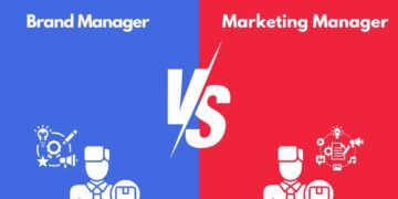 Brand Manager Vs Marketing Manager written on blue and pink backaground with both managers icons