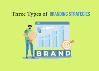 Three Types of Branding Strategies text written above the illustration of a branding strategy expert.