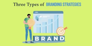 Three Types of Branding Strategies text written above the illustration of a branding strategy expert.