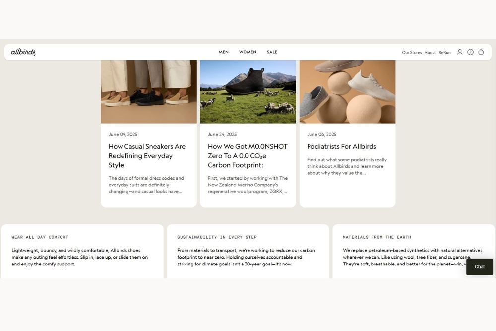 Allbirds Core Values and mission initivatives on website