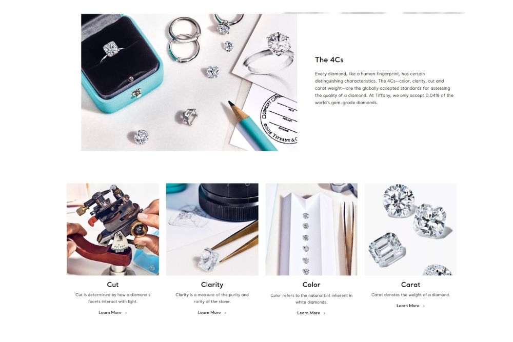 Tiffany high-quality products: the brand focus on 4C: cut, clarity, carat, and color.