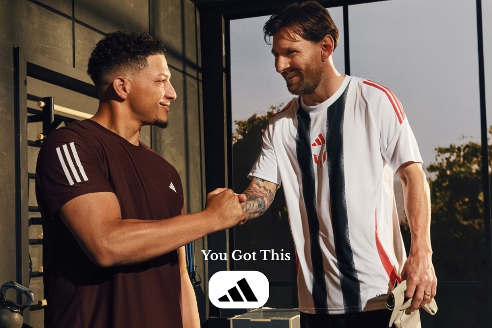 The image features a new Adidas campaign titled "You Got This," starring global football legend Lionel Messi and NFL superstar Patrick Mahomes.