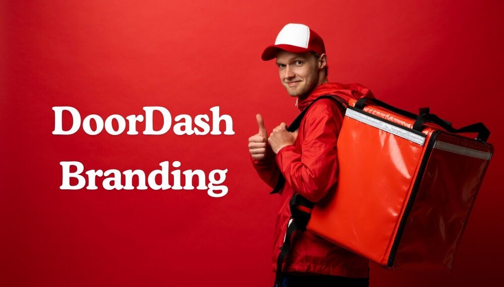 DoorDash branding written while delivery boy posing with delivery bag.
