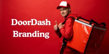 DoorDash branding written while delivery boy posing with delivery bag.